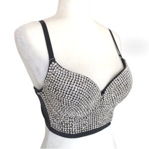 Silver Rhinestones Bustier Evening Crop Top Women’s Size L